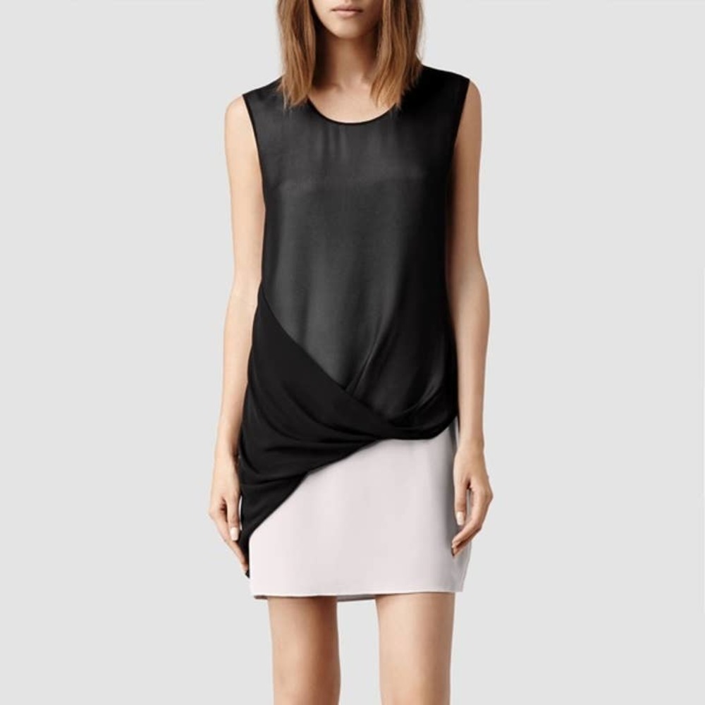 [All Saints] Afia Dress Overlaid Sheer Layered Mini Minimalist Scoop Neck Size 4